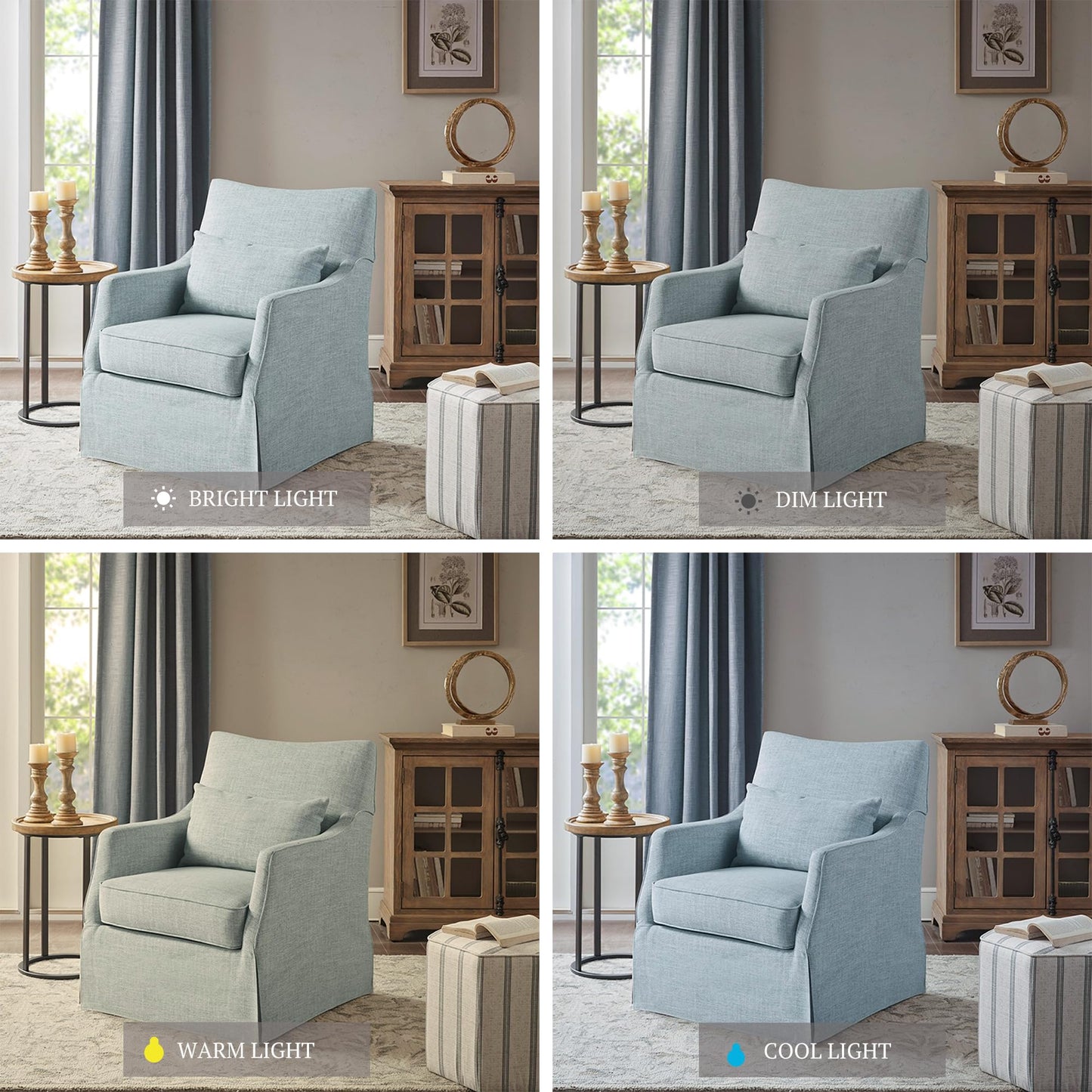 Martha Stewart London Swivel Chair - Solid Wood & Plywood, Skirted Metal Base Accent Armchair, Lumbar Pillow -Modern Classic Family Room Sofa Furniture Bedroom Lounge, 28"X31.5"X35.25", Light Blue