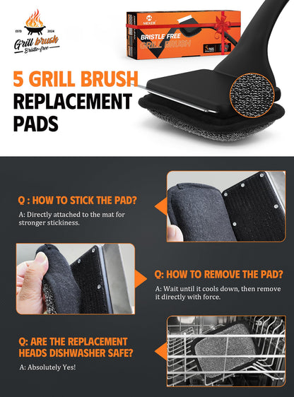 MEKER Grill Brush Bristle Free, Grill Cleaner Brush with 5 BBQ Replacement Head for Cast Iron, Stainless Steel Grates, Safe Grill Scraper Outdoor BBQ Grill, Black