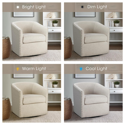 Madison Park Swivel Barrel Accent Chair, Upholstered Curved Back with 7-Inch Thick Woven Cushion, 360° Swivel, Nailhead Trim, Comfy Chair for Living Room, Bedroom, Office, 28" Wide, Neutral, Tyler