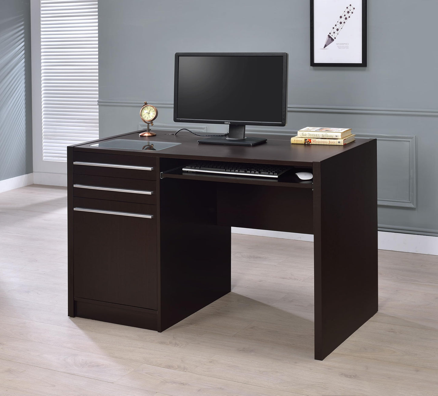 Coaster Home Furnishings - Halston - Engineered Wood - 47-Inch Computer Desk with Drawers, Door Cabinet & Lift-Top Storage, Tempered Glass Top, Contemporary Style - Home Office - Cappuccino - 800702