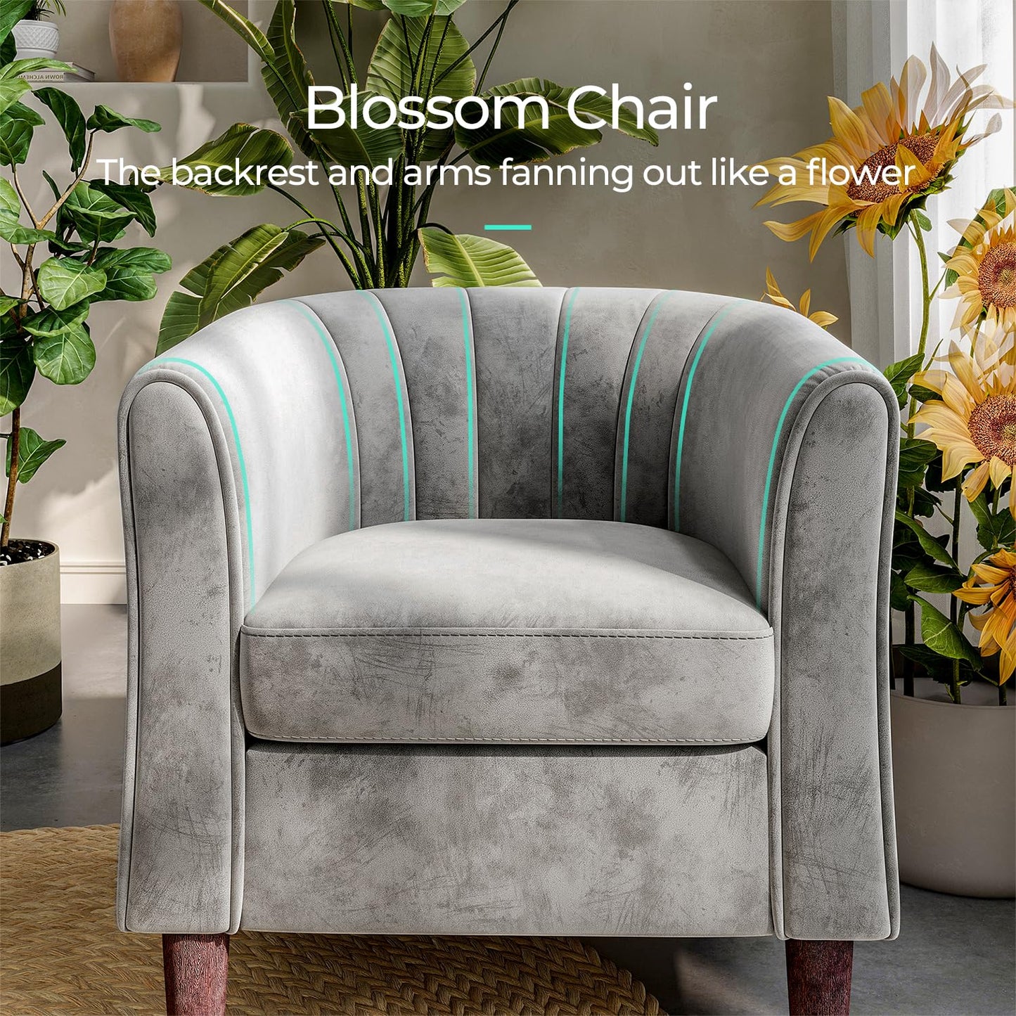 LINSY Accent Chair Set of 2, Velvet Barrel Chair with Ottoman, Modern Comfy Small Armchair for Small Spaces Reading Room Living Room Bedroom Kids Room Office, Grey