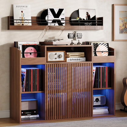 IRONCK Luxury Record Player Stand with Storage, Holds 1500+ Vinyl Records, Large Record Storage Cabinet with Sliding Doors & Charging Station & LED Light, Brown