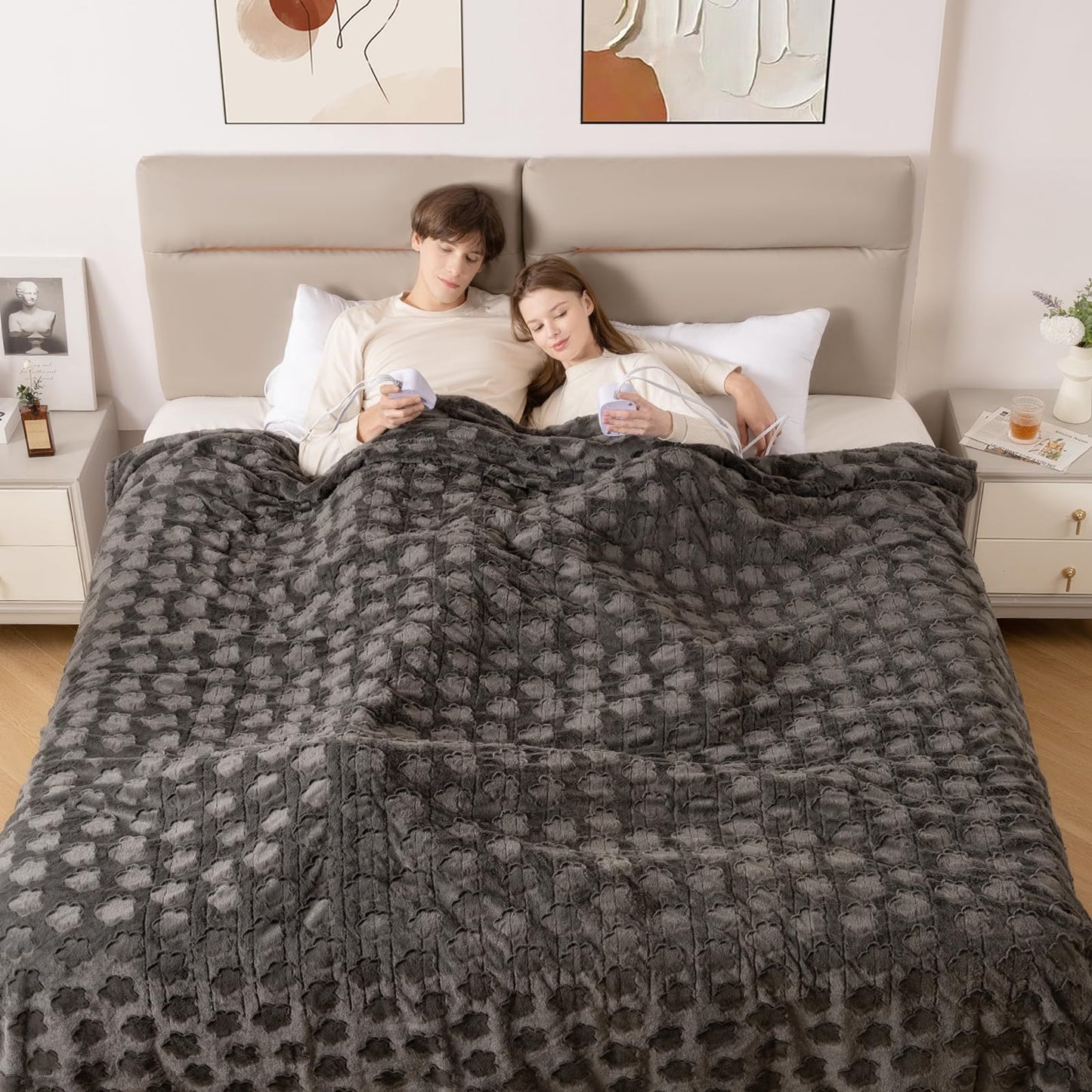 Bearhug Electric Blanket King Size 100" x 90", Dual Controller Heated Blanket, White Flower Patterns Faux Fur & Warm Sherpa, 10-Heat Levels & 1-12H Auto Off,ETL, Machine Washable