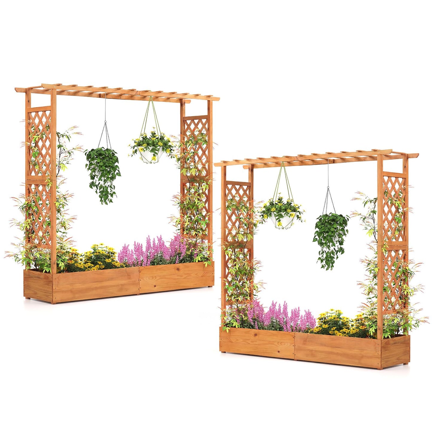 Giantex Set of 2 Raised Garden Bed with Trellis & Hanging Roof, Wood Planter Box with Bottom and Drainage Holes, Freestanding Garden Planter for Flower Vegetable Fruit Herb Climbing Vines, 77"x17"x70"