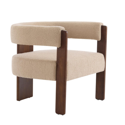 Merax Boucle Upholstered Accent Chair, Modern Barrel Armchair with Wooden Legs, Comfy Lounge Reading Chair for Living Room Bedroom Office, Soft Fabric Single Sofa Chair, Light Camel