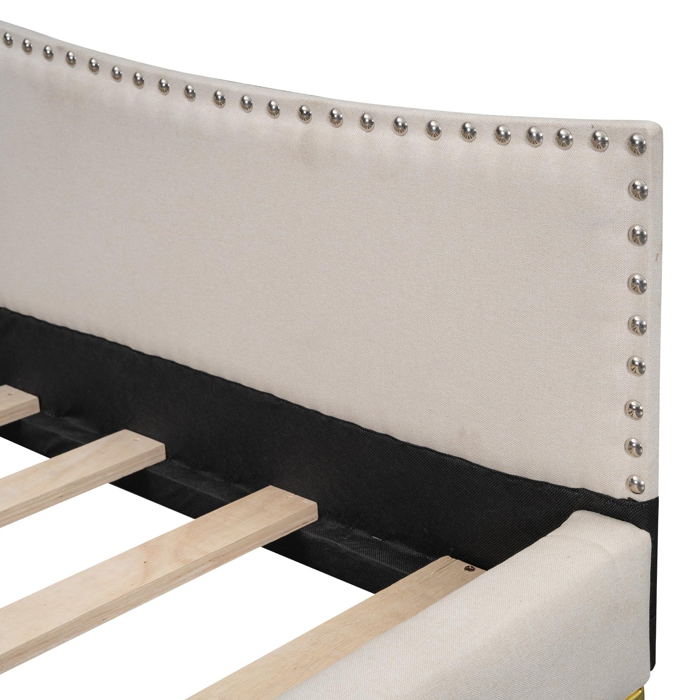 Full Size Upholstered Daybed with Headboard and Armrest, Linen-Finish Bed with Support Legs, Modern Sofa Bed for Guest Rooms, Studio Apartments, or Living Spaces, Sturdy Pine Wood Frame, Beige
