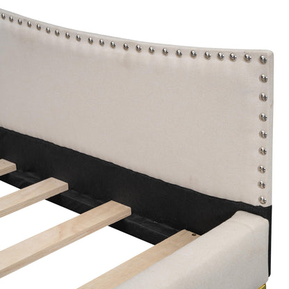 Jintop Full Size Upholstered Daybed with Backrest and Armrest,Modern Wooden Bed Frame,w/Support Legs,Slat Support,No Box Spring Needed,for Dorm,Apartment,Studio,Office,Beige