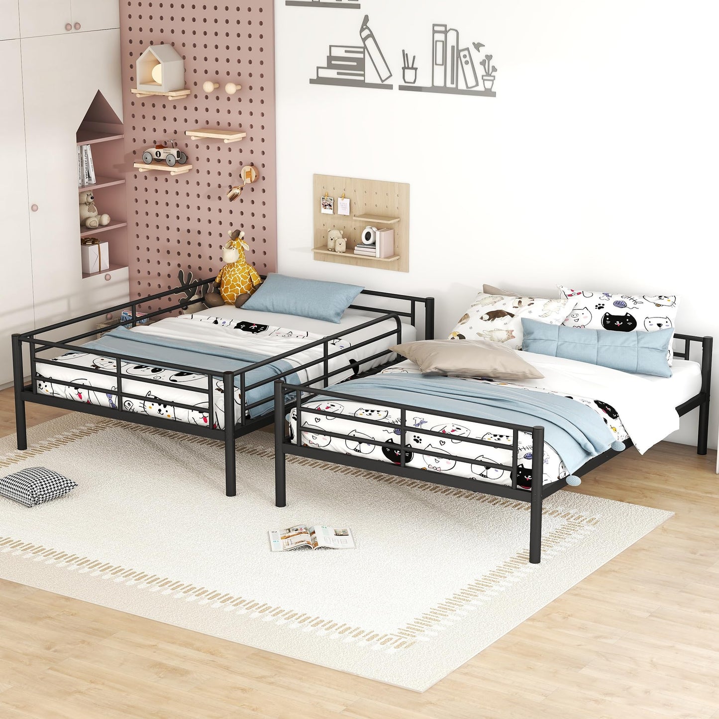 Merax Full Over Full Bunk Bed with Ladder and Guardrails, Black Modern Heavy Metal Bunk Bed Frame for Boys Girls Teens
