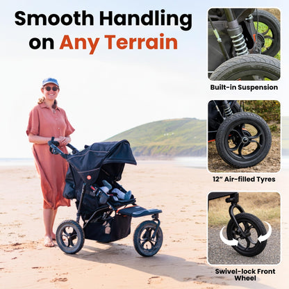 Out’n’About Nipper V5 Stroller & Rain Cover | Lightweight All-Terrain 3-Wheel Stroller, 12” Air-Filled Tyres, Swivel-Lock Front Wheel, One-Piece Fold, Newborn to Toddler 4 Years | Summit Black
