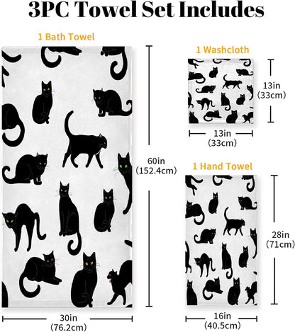 3 Sets, 1 1 1 Set Black Cats Piece Towel Bathroom Bath Towel, Washcloth, Hand Towel, Cotton Fast Dry Soft Absorbent