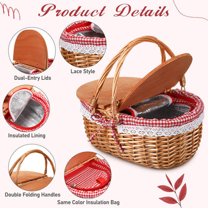 DoubleFill Wicker Insulated Picnic Basket with Lid Wicker Picnic Basket with Folding Handles and Insulated Cooler Bag for Camping Outdoor Easter Valentine Birthday Gift(Red Plaid)