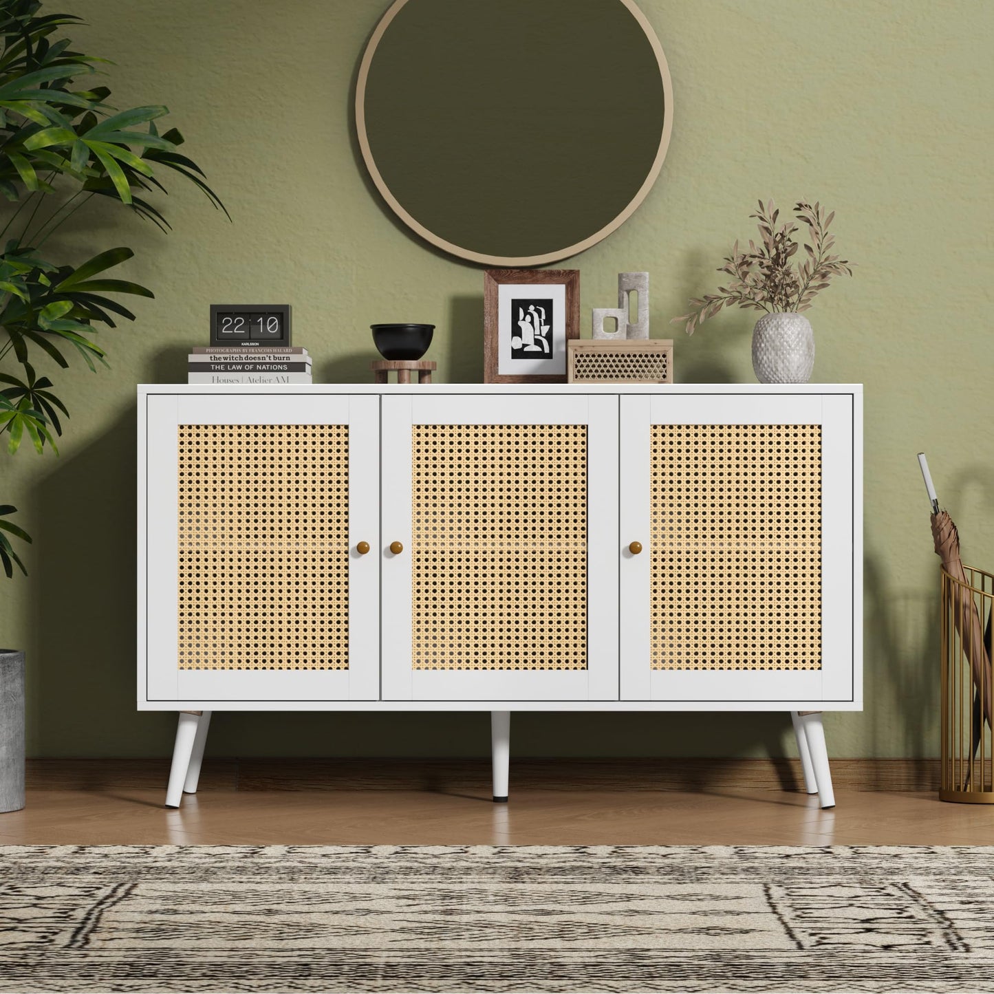 IDEALHOUSE Living Room Table Sets of 2, Includes 47" Rattan TV Stand Storage Cabinet for 55" TV, Farmhouse Coffee Table with Storage Shelf for Bedroom
