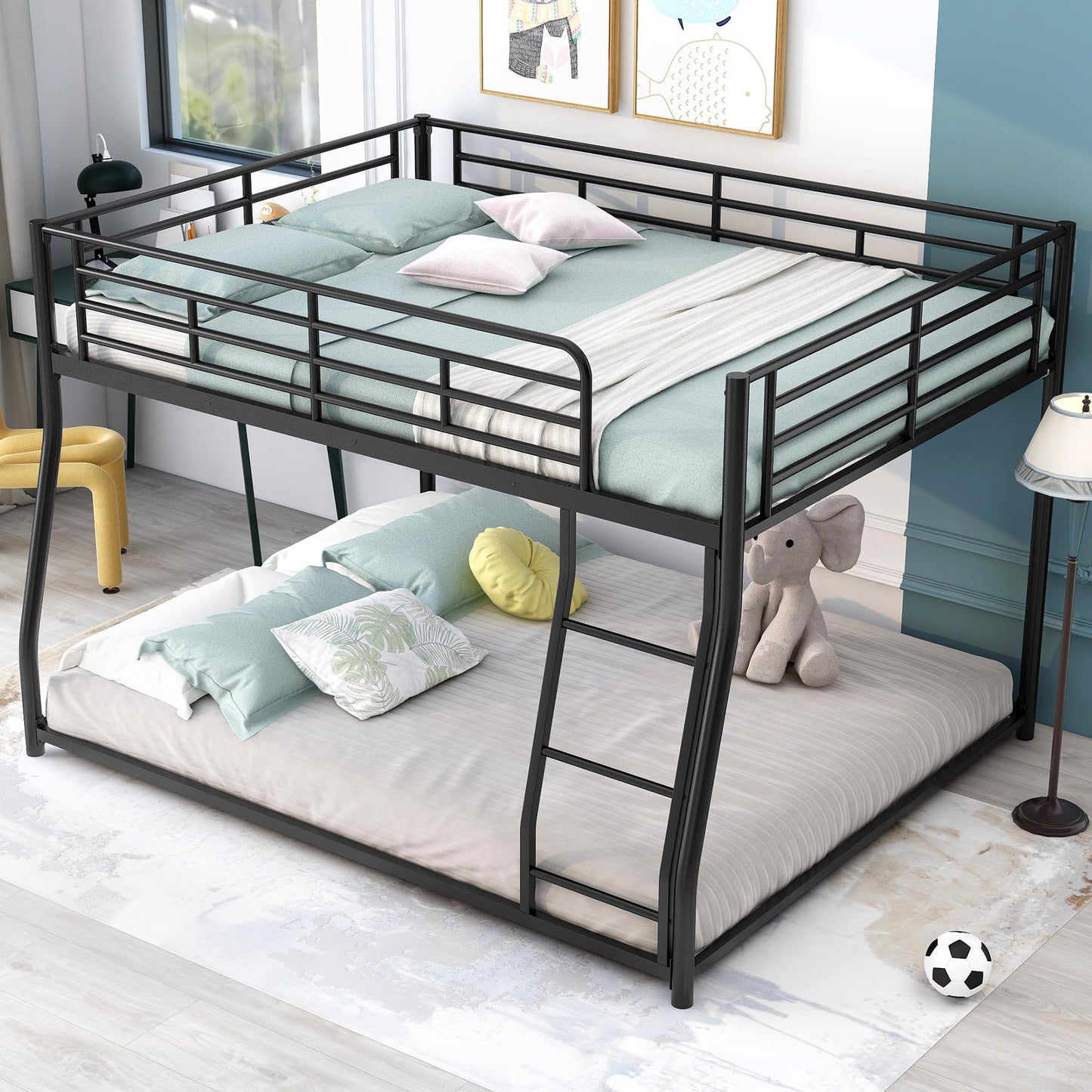 Bellemave Metal Full XL Over Queen bunk Bed, Floor Twin XL Over Queen Bunk Bed Frame with Ladder and Guardrails,Black no slats