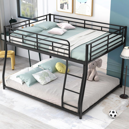 Bellemave Metal Full XL Over Queen bunk Bed, Floor Twin XL Over Queen Bunk Bed Frame with Ladder and Guardrails,Black no slats