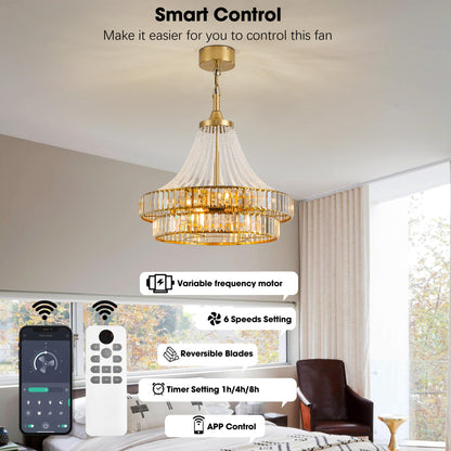 LVYEAYOU 24“ Modern Crystal Chandelier Ceiling Fan with Lights, Remote & App Control, 6-Speed Reversible Large Fandelier, Double Layer Design for Bedroom, Living Room (Luxury Gold)