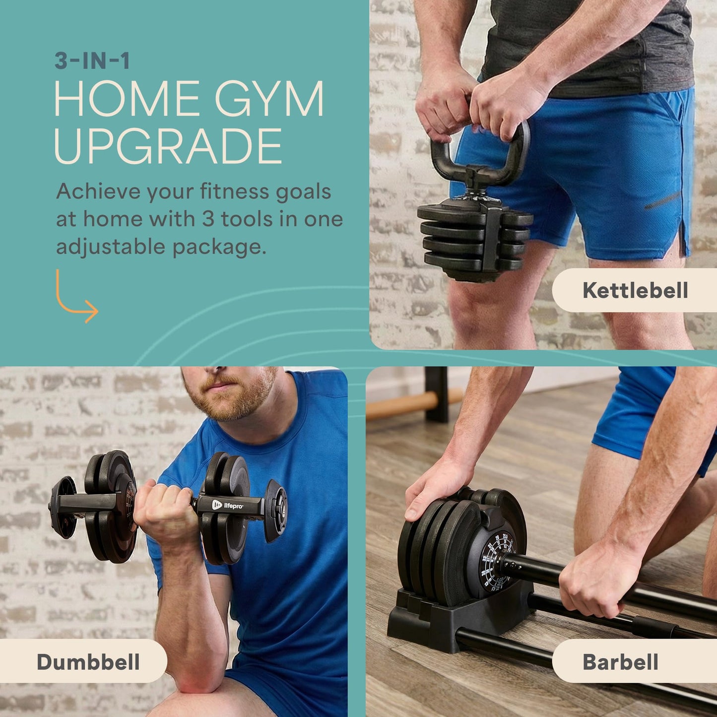 LifePro Adjustable Dumbbell Set, 3-in-1 Triform Barbell Kettlebell Weight Set — 2 to 43 lbs Turn-Dial Quick Adjust Weights for Home Gym, Compact Hand Weights for Women and Men
