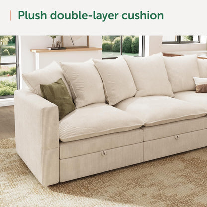 HONBAY Modular Sectional Sleeper Sofa, Corduroy 6 Seater Couch with Storage, Sectional Sleeper Couches for Living Room, Beige
