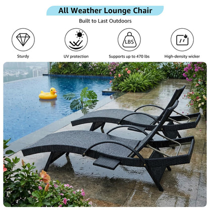 Sereniet 80.3" Outdoor Wicker Chaise Lounge Set of 2, with Pull-Out Side Table, Adjustable Pool Lounge Chairs, Patio Loungers for Balcony, Deck, or Backyard (Black)