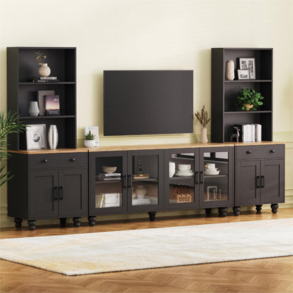 Farmhouse TV Stand with Tempered Glass Doors for TVs Up to 70", Versatile Sideboard with Adjustable Shelves, Elegant Buffet Cabinet with 5 Solid Wood Gourd-Shaped Legs for Living Room, Black