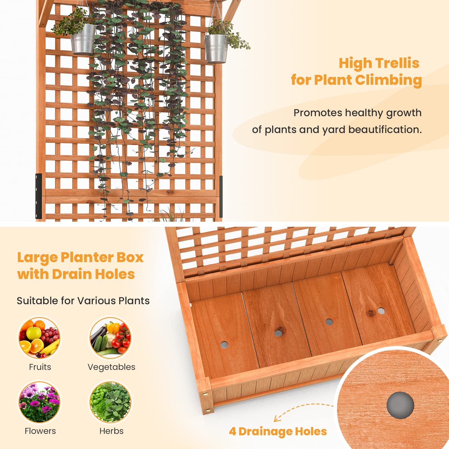 Giantex 2 Pcs Raised Garden Bed with Trellis & Roof, 72.5" Wooden Garden Bed, High Trellis for Plant Flower Climbing Pot Hanging, Indoor & Outdoor Planter Box for Yard, Garden, Balcony