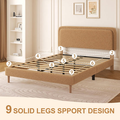 viplov King Size Boucle Upholstered Platform Bed Frame with Adjustable Headboard, Soft Cloud Bed, No Box Spring Needed, Noise Free, Easy Assembly, Brown