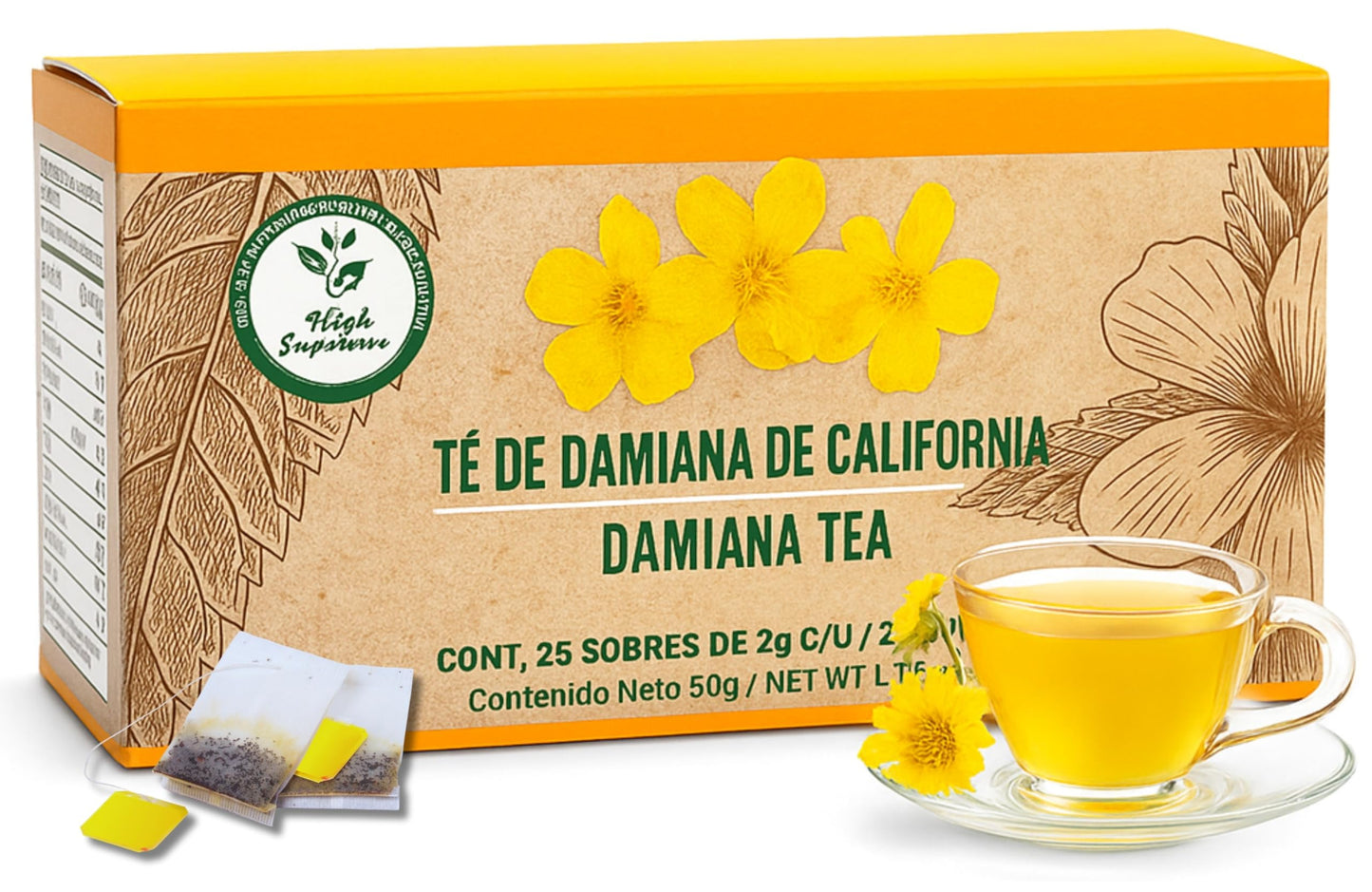 Damiana Herbal Tea – 100% Turnera diffusa – 25 Tea Bags – Natural Caffeine-Free Infusion – Traditional Herbal Beverage – Té de Damiana de California – Hecho en México