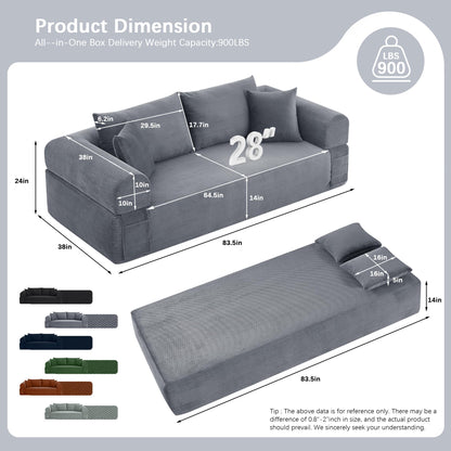 83" Modern Sofa in a Box, No Assembly Oversized 3 Seater 28" Deep Seat Cloud Sofa Bed Couch with 4 Furry Pillows & Corduroy Fabric, Boneless Couch with Side Storage Pockets for Living Room, Dark Grey