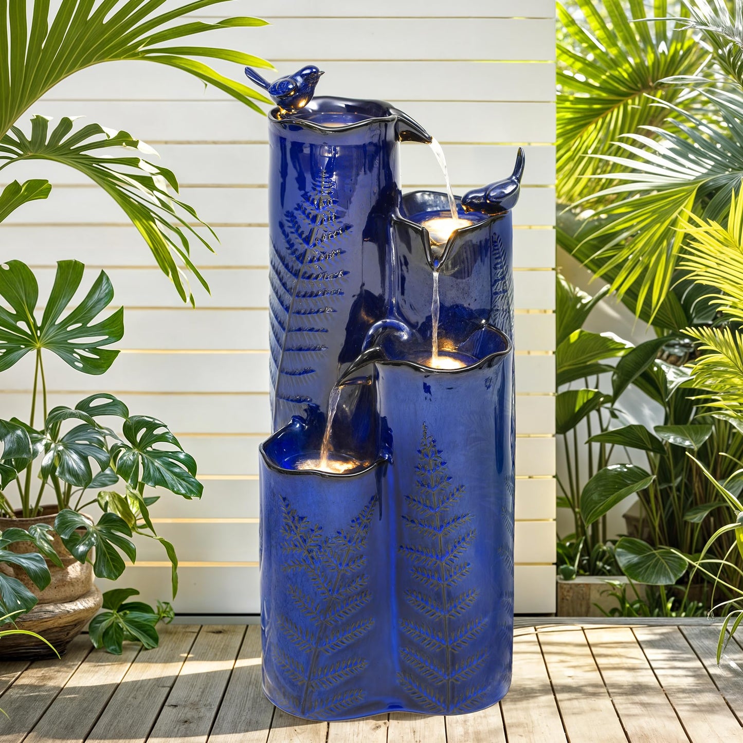 Autodaya 32" H Ceramic Outdoor Water Fountain with LED Lights, 4-Tier Vase Outdoor Fountain, Cobalt Blue Glaze, Embossed Fern Pattern, Cascading Waterfall for Tranquil Garden, Patio, or Porch