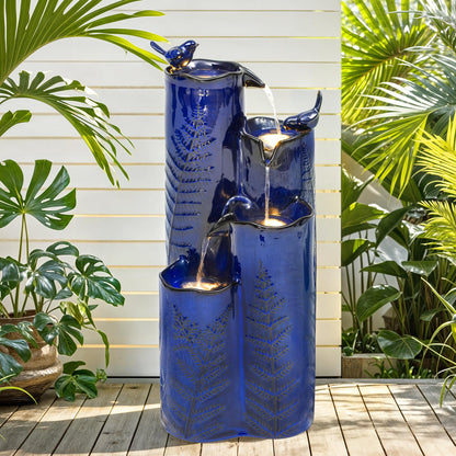 Autodaya 32" H Ceramic Outdoor Water Fountain with LED Lights, 4-Tier Vase Outdoor Fountain, Cobalt Blue Glaze, Embossed Fern Pattern, Cascading Waterfall for Tranquil Garden, Patio, or Porch