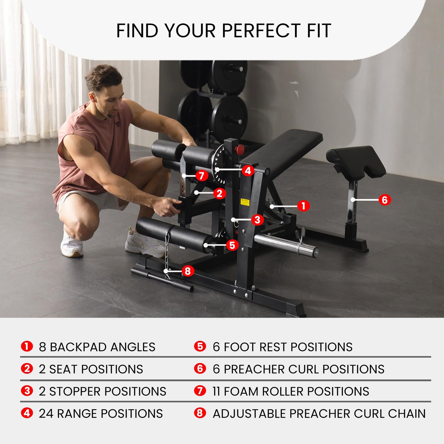 Finer Form GLX Adjustable Weight Bench with Leg Extension and Curl Machine, Total Body Bench for Home Gym, Great for Bench Press, Sit Ups, Preacher Curl, Hip Thrusts and Other Plate-Loaded Exercises