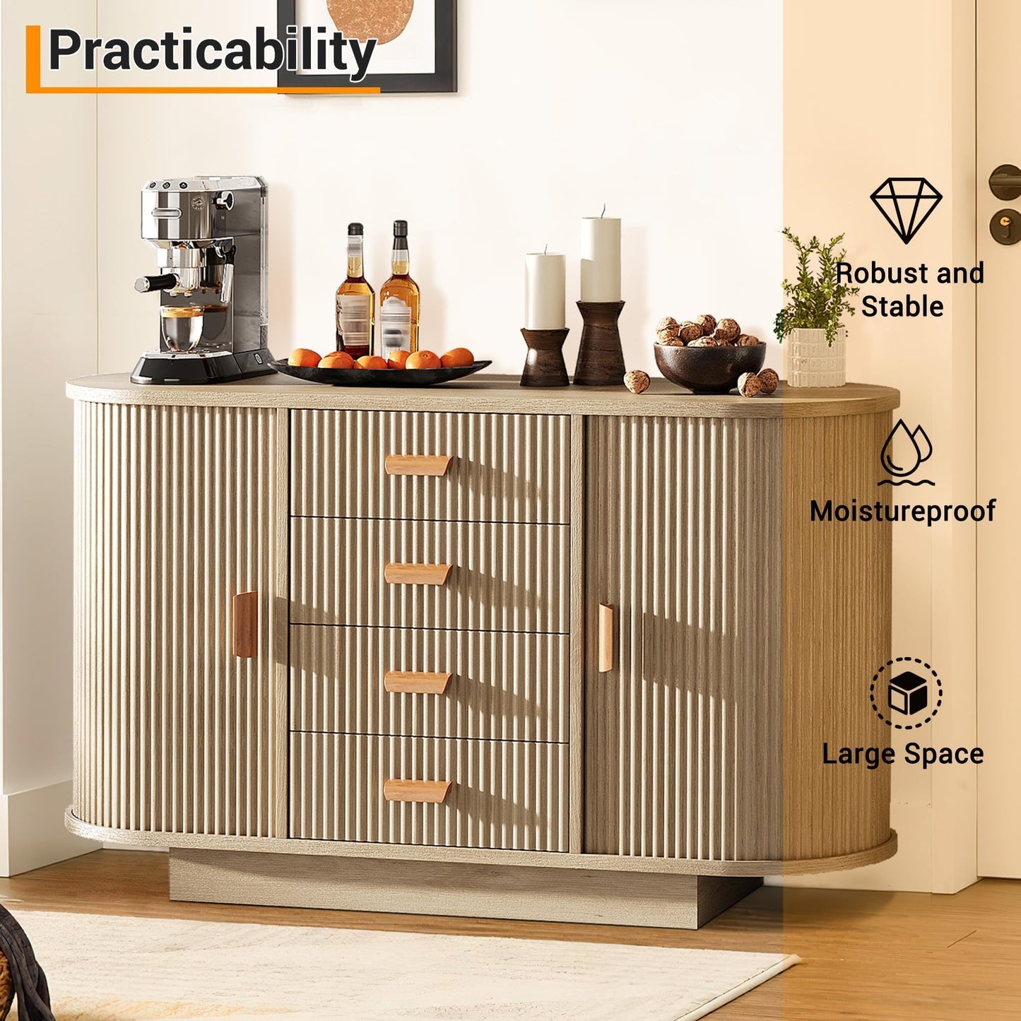 47" Fluted Sideboard Buffet Cabinet with 4 Drawers and 2 Arched Sliding Doors, Coffee Bar Storage Console Cabinet,Multi-Functional Coffee Bar Cabinet, Accent Table for Dining Living Room, Natural Oak