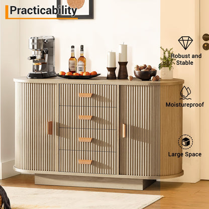 47" Fluted Sideboard Buffet Cabinet with 4 Drawers and 2 Arched Sliding Doors, Coffee Bar Storage Console Cabinet,Multi-Functional Coffee Bar Cabinet, Accent Table for Dining Living Room, Natural Oak
