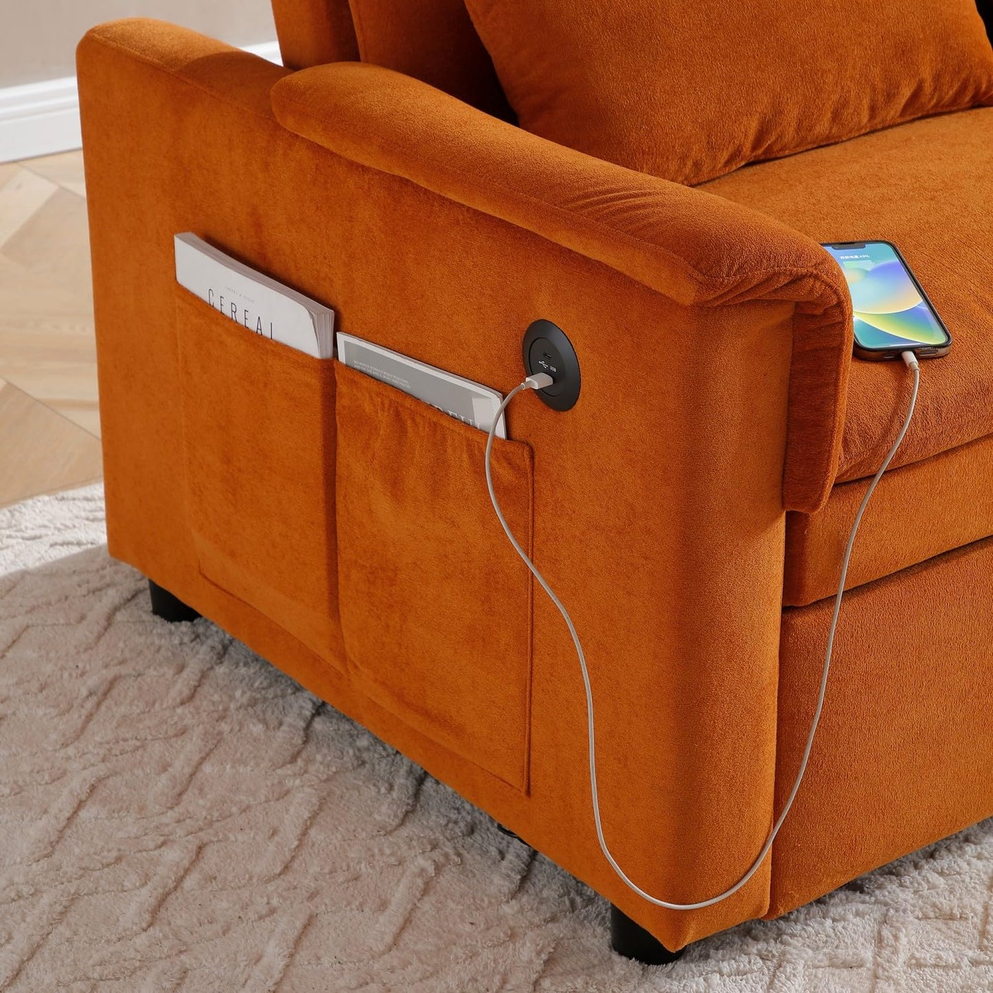 55" Convertible Futon Sofa Bed, Velvet 3 in 1 Sleeper Sofa, Pull Out Couch with USB Ports & 2 Waist Pillows, Adjustable Backrest Loveseat Sofa, Couches for Living Room, Apartment, Bedroom, Tangerine