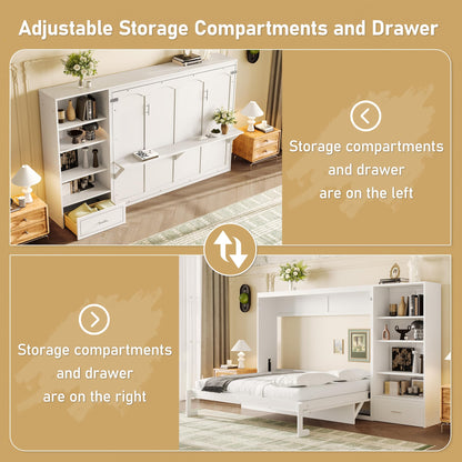Murphy Bed Queen,Murphy Bed with Height Adjustable Storage Compartments and Shelf,Wall Bed Frame w/ 1 Drawer, Multifunctional Foldable Platform Bed for Bedroom,Guest Room,White