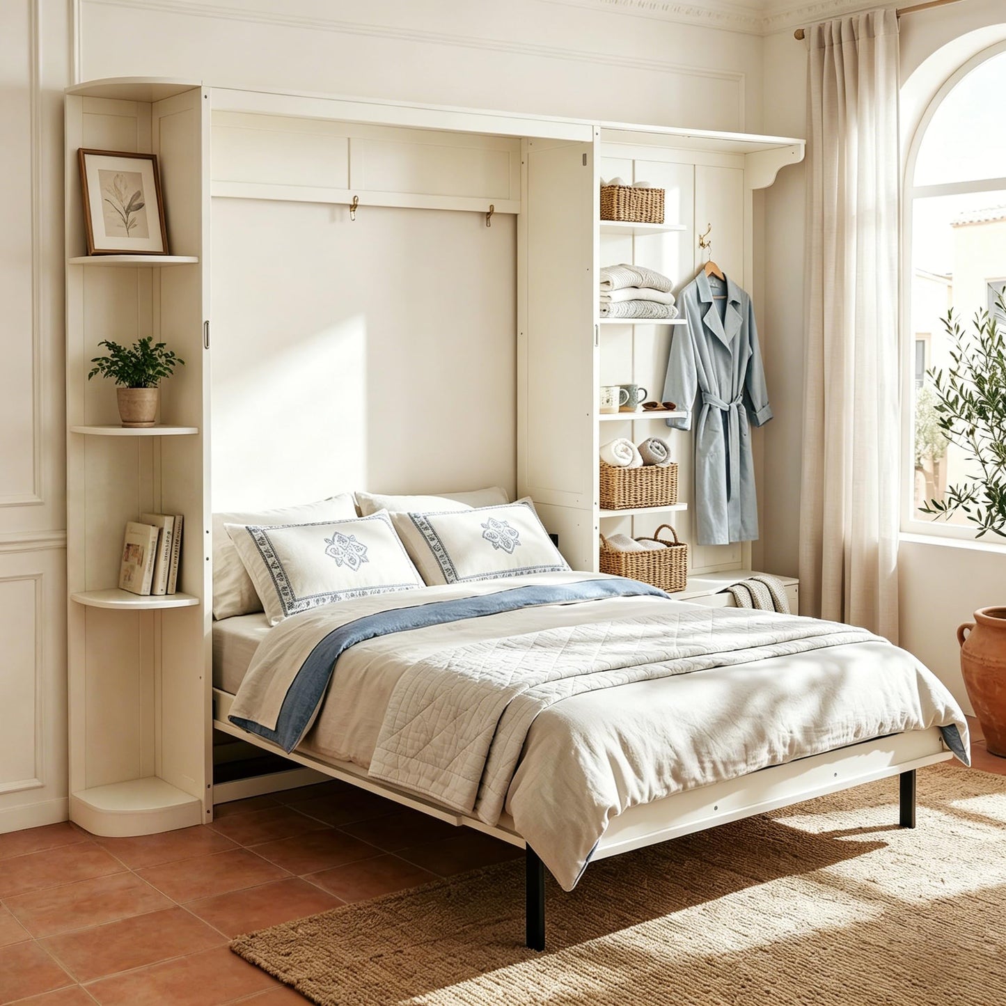 Merax Queen Size Murphy Bed with Storage and Lights, Hidden Fold-Out Legs, Foldable Murphy Cabinet Bed with Hook, Built-in Shelves & Cabinets, Wood Space-Saving Wall Bed for Guest Room Office, White