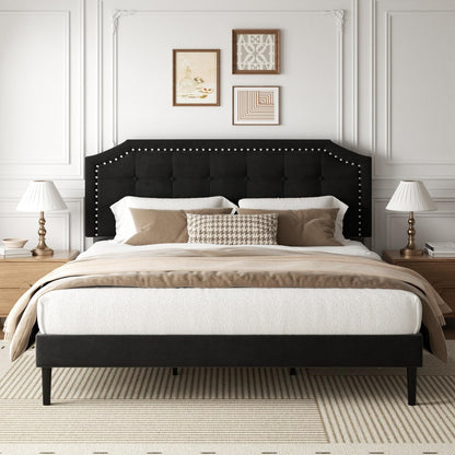 HAOARA King Size Bed Frame, King Size Platform Bed Frame with Upholstered Button Tufted Headboard, Strong Wood Slats, No Box Spring Needed, Mattress Foundation, Easy Assembly Black