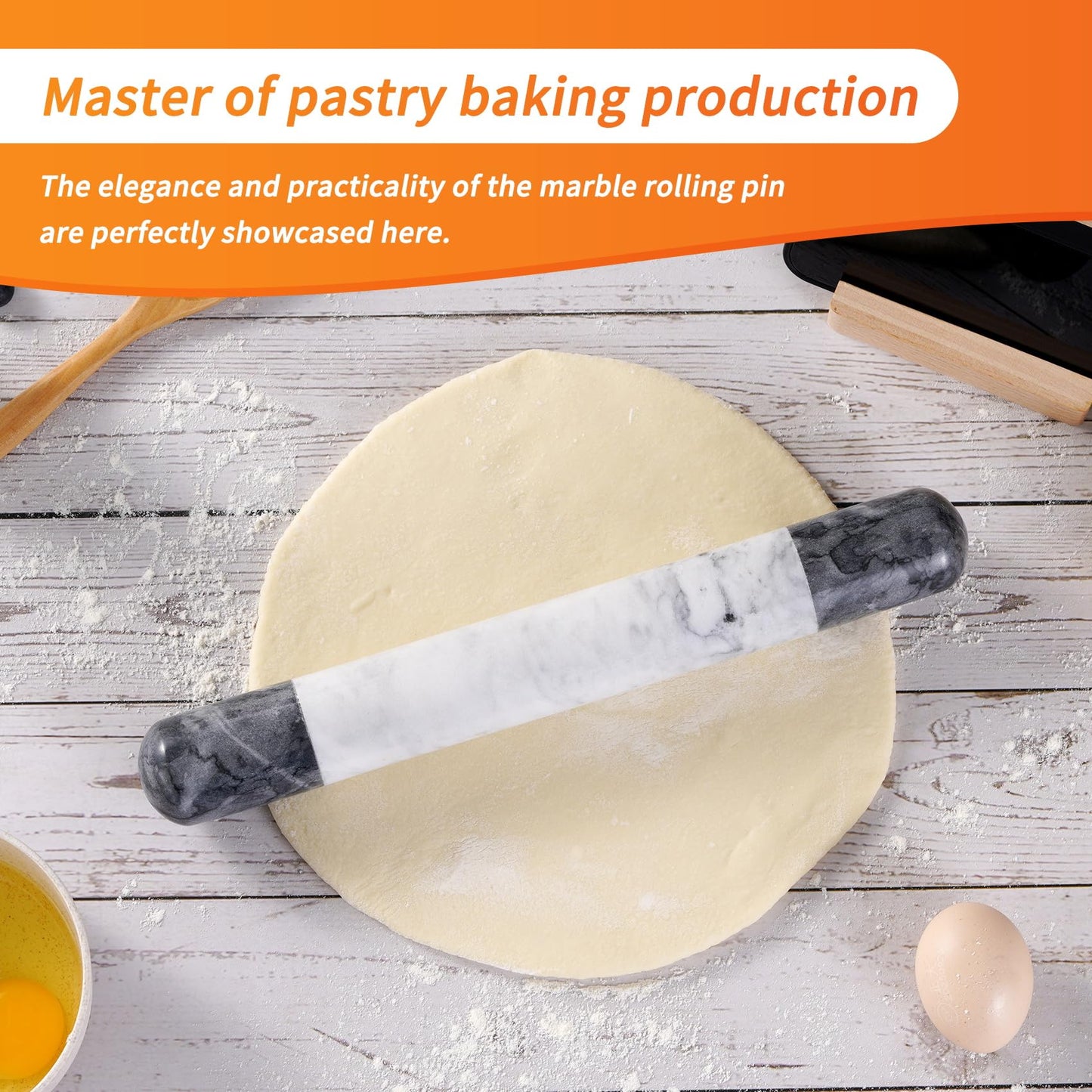 Tianman French Marble Rolling Pin.12 Inchs Marble Rolling Pin for Baking With Wooden Base Holder Stand-Non-Stick Baking Roller for Baking Fondant, Pizza,Cookies,Crust,Pasta(Black-White-Blakc)