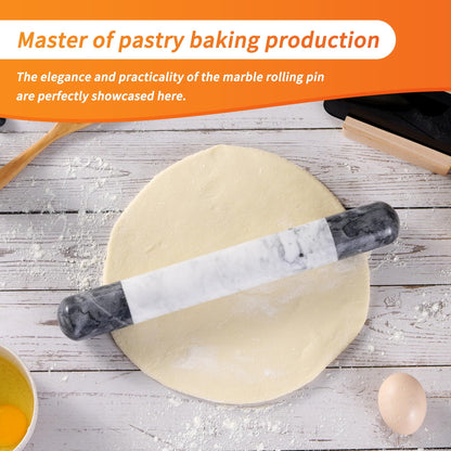 Tianman French Marble Rolling Pin.12 Inchs Marble Rolling Pin for Baking With Wooden Base Holder Stand-Non-Stick Baking Roller for Baking Fondant, Pizza,Cookies,Crust,Pasta(Black-White-Blakc)