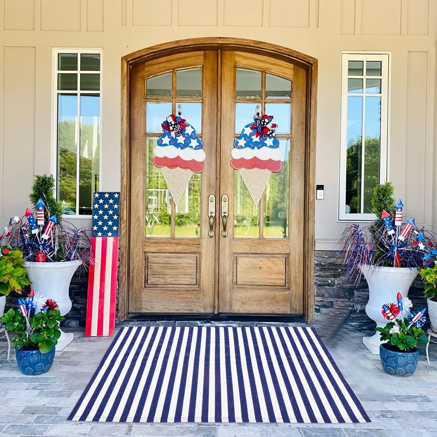 4th 27.5"x43" Summer 27.5"x43") CAINANEL Blue and White Striped Rug of July Door Mat Front Porch Rug Independence Day