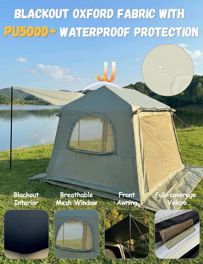 Blackout Inflatable Camping Tent with Awning, Waterproof Oxford Fabric Air Tent, Quick Setup Blow Up Tent with Hand Pump, 4 Person 4-Season Tent with 3x3M Ground Tarp for Camping Glamping