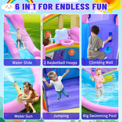 Easyair Inflatable Bounce House Water Slide Combo, Blow Up Water Slides for Backyard, Kids Jumper with Climbing Wall, Basketball Hoop, Splash Pool with Blower