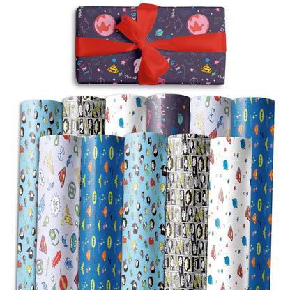 Charon 12 Sheet Cute Hero Birthday Wrapping Paper, 6 Style Mutil Color Festival Art Scrapbook Paper for Men Women Kids Birthday Wedding Baby Shower Halloween Xmas, 20 X 28 Inch (12 Sheet)