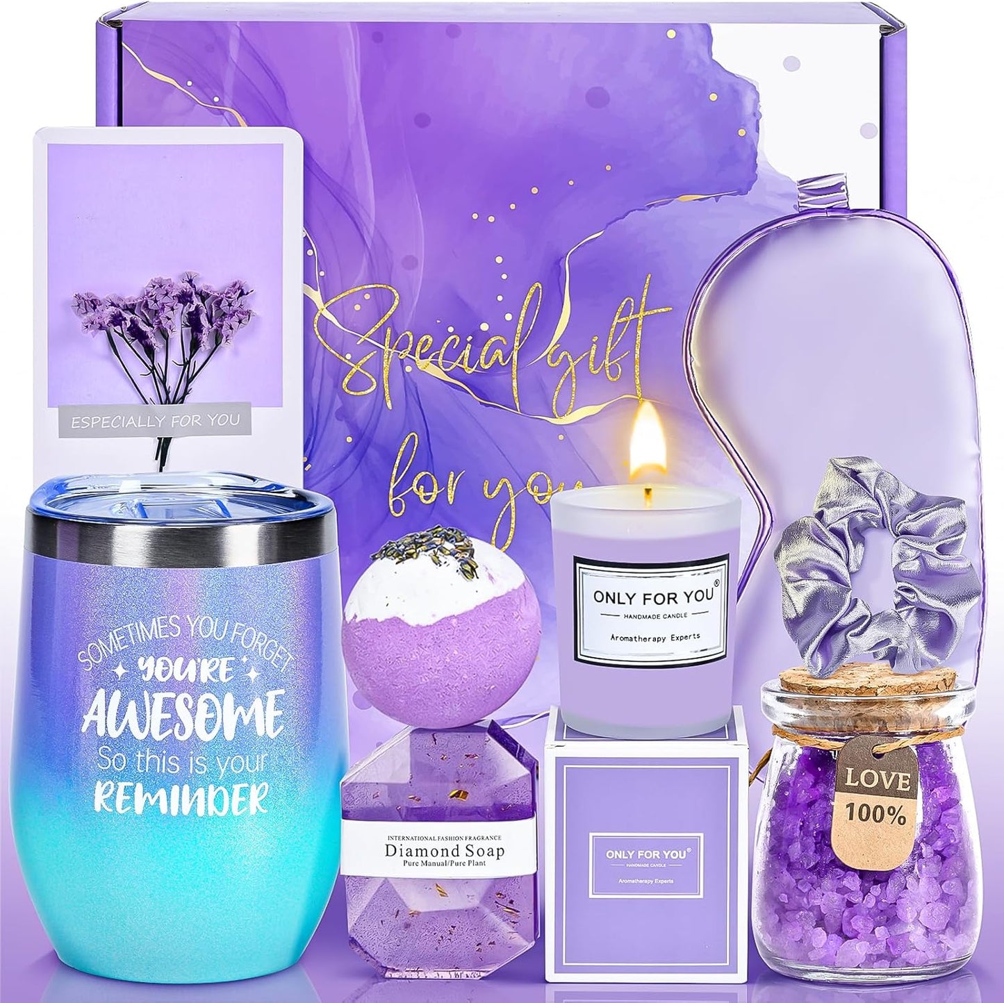 Gifts for Women, Mom, Wife, Girlfriend, Sister - Lavender Spa Gift Basket Set for Birthday, Christmas, Valentine's Day