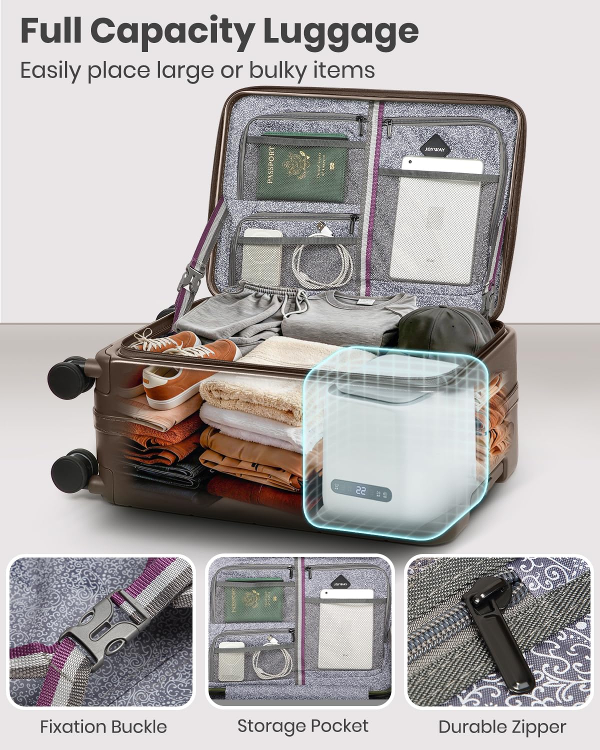 Joyway Luggage Set 3 Piece Top Opening Suitcase Set with Spinner Wheel and TSA Lock, PC Hard Shell Carry on Luggage with Front Pocket for Woman Men (Coffee)