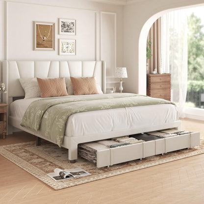 viplov King Bed Frame with Storage Drawers, Velvet Upholstered Platform Bed with 47" Tall Headboard and Wingboard, No Box Spring Needed, No Noise, Easy Assembly, Wooden Support Slats, Beige