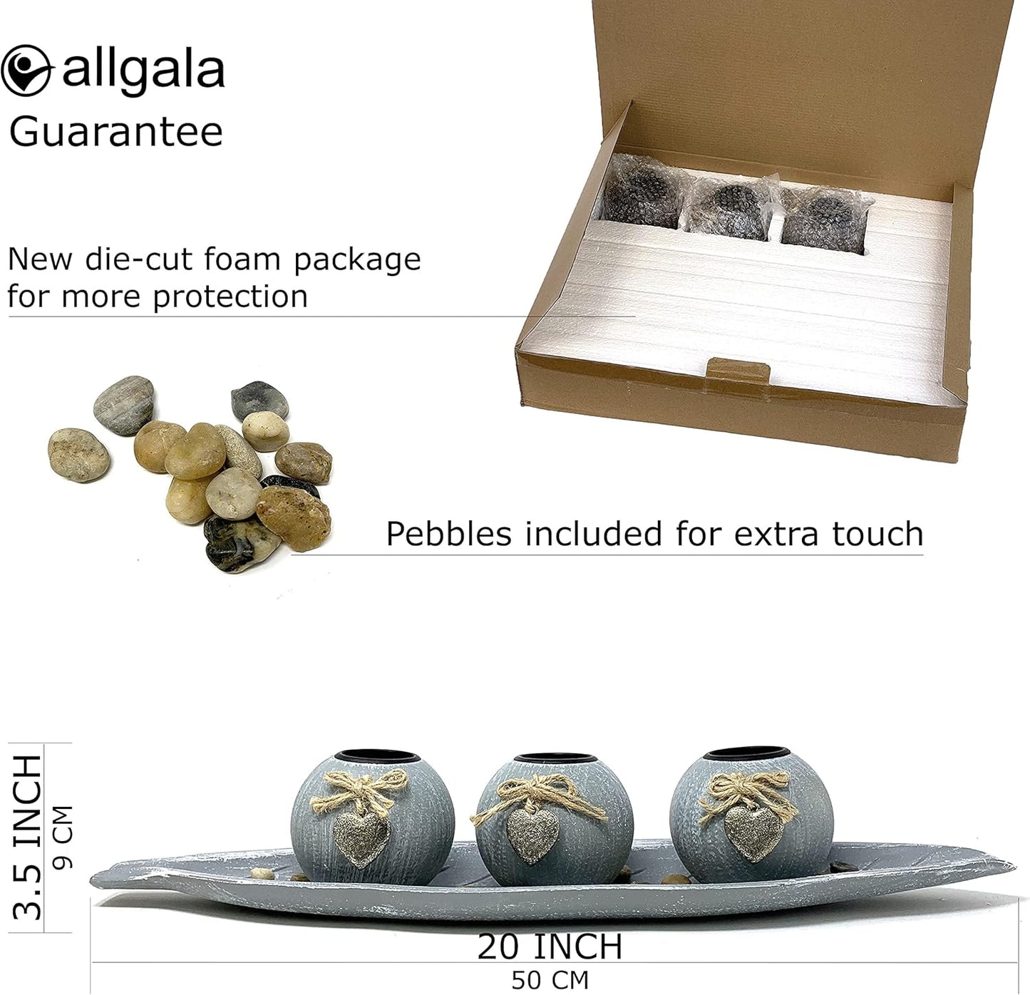 HD90403 3 Set allgala Wooden Candle Holder Tray Ball Orbs Tealight Centerpiece with Pebbles on Leaf Tray for Coffee