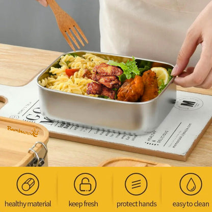 Bambuood Premium Stainless Steel Bento Lunch Box. Eco-Friendly Meal Storage, Food Container With 100% Leak-Proof Bamboo Lid. For Adults, Work, Travel Use. Free Bamboo Cutlery. LARGE (41 oz)