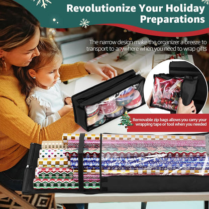 Woodoulogy Wrapping Paper Organizer - Double-Sided Gift Wrap Roll Holder | 63"x13" Over Door Storage, Black