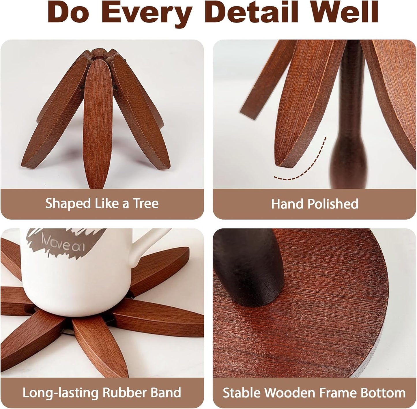 Buanson 5 1 Wooden Tree Trivets for Hot Dishes, Foldable Kitchen Wooden Trivet for Pan, Pot, Bowl, Teapot, Hot Pot