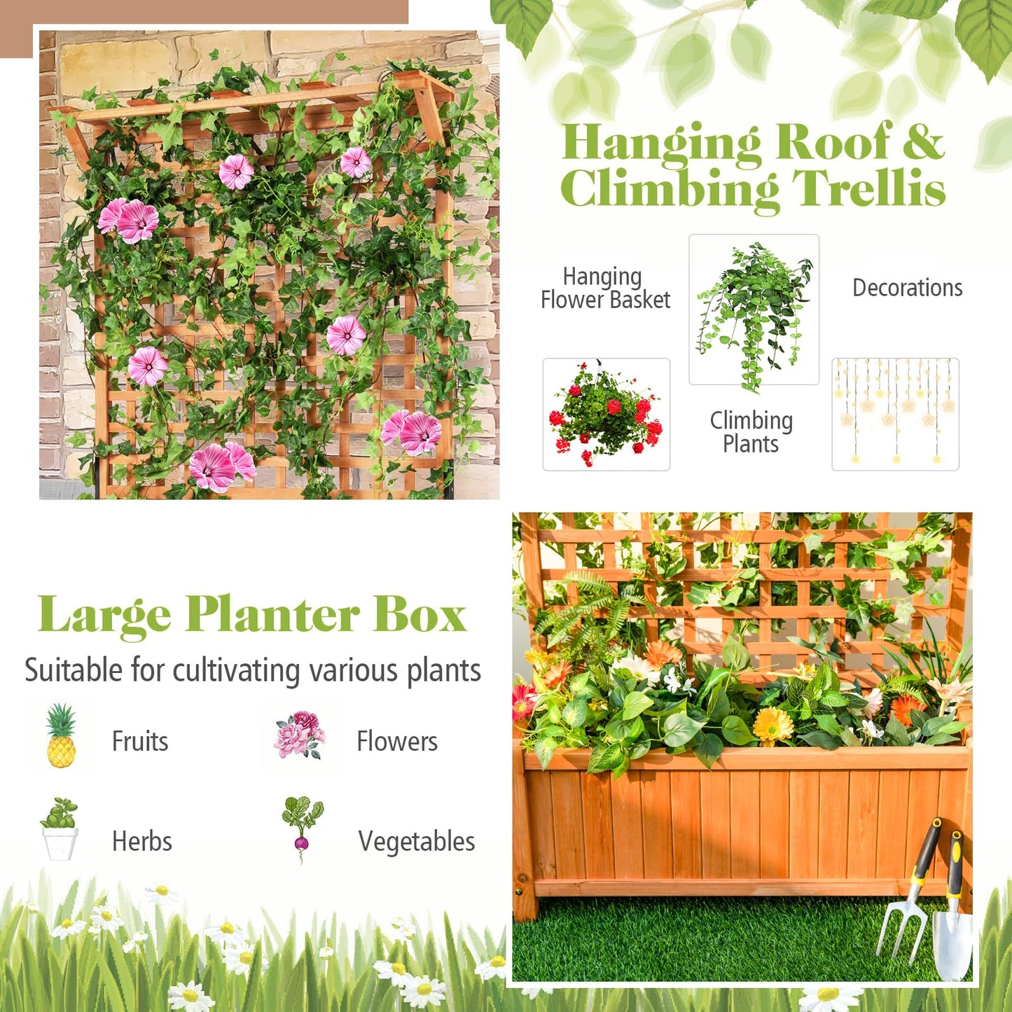 COSTWAY Raised Garden Bed with Trellis, Indoor & Outdoor Wooden Planter Box with Hanging Roof, Drainage Holes, Freestanding Vertical Planter for Vines, Climbing Plants, Flowers, Vegetables